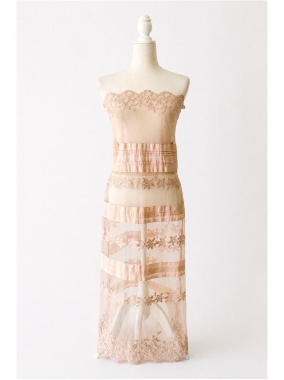 Custom Made Sheer Lace Strapless Maxi Dress – Nude/Blush Embroidered Gown
